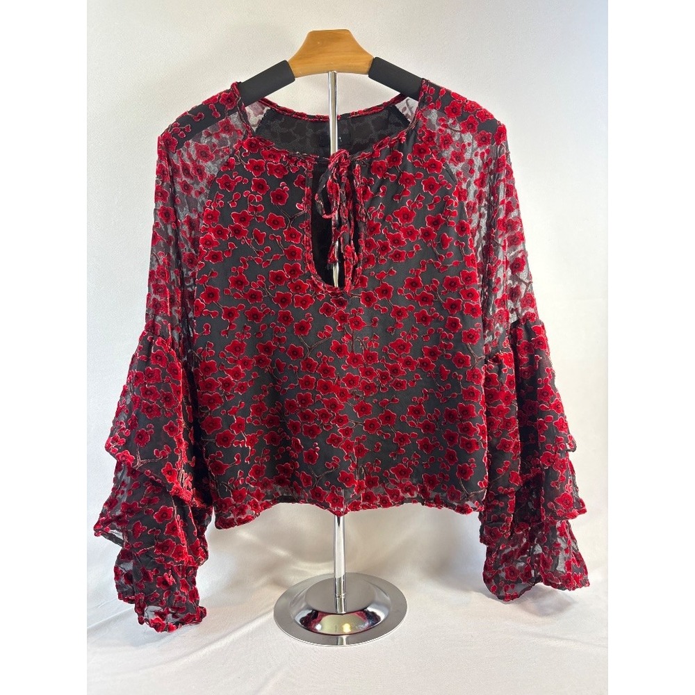 Lucca Black Red Cherry Blossom Velvet Floral Ruffle Sleeve Blouse Top S